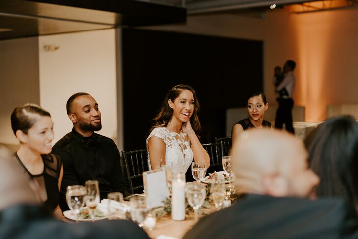 Couple Laughs During Reception at The Loading Dock in Stamford, Connecticut