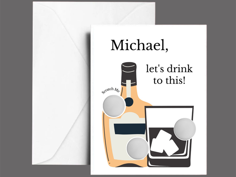 Alcohol bottle and glass illustration with scratch off groomsmen card