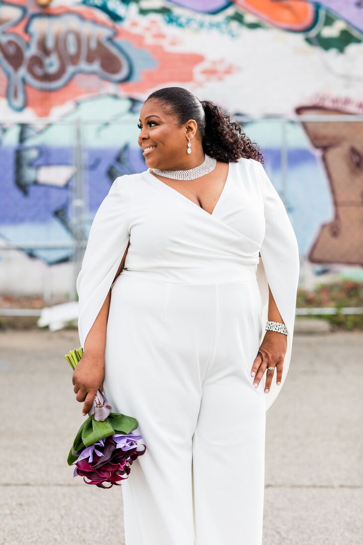 Modern Bride Wearing White Jumpsuit and Glam Diamond Necklace