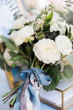 Ranunculus Bouquet Wrapped with Blue Ribbon and Heirloom Brooch
