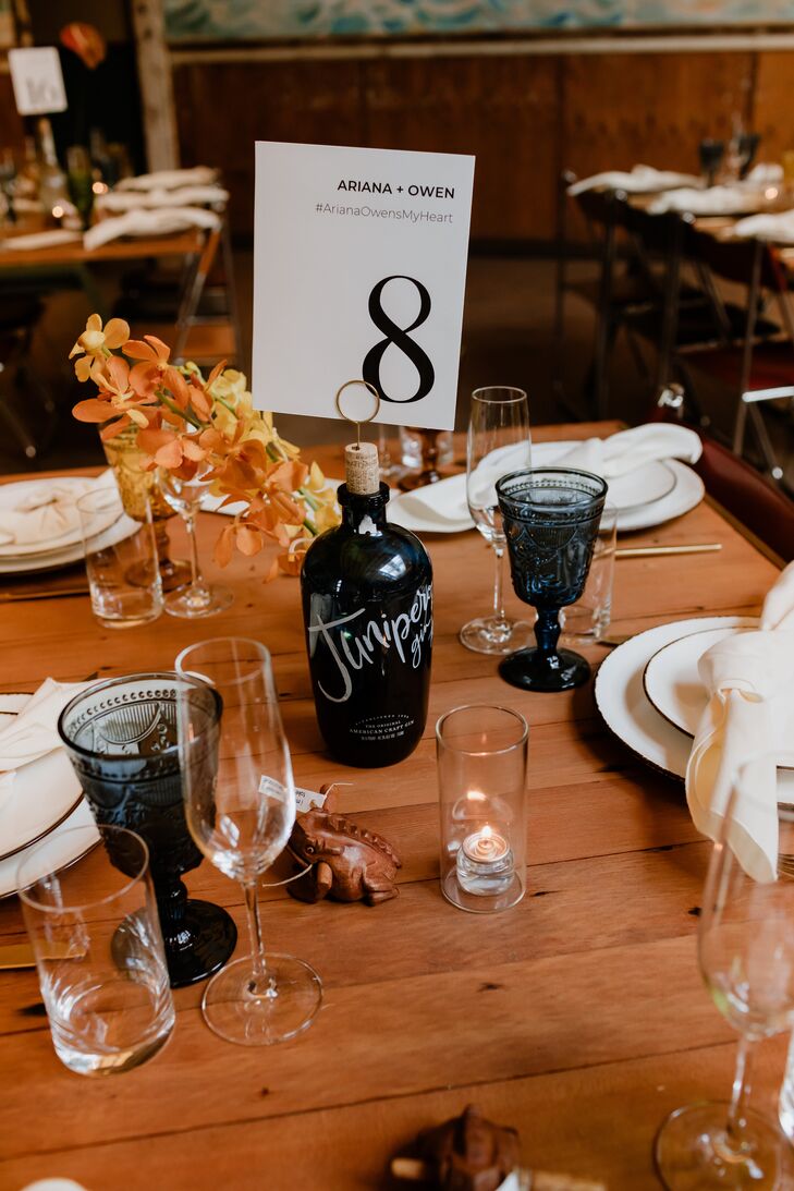 Minimalistic, Bohemian Tablescape, Gin Bottle Table Number and Orange ...