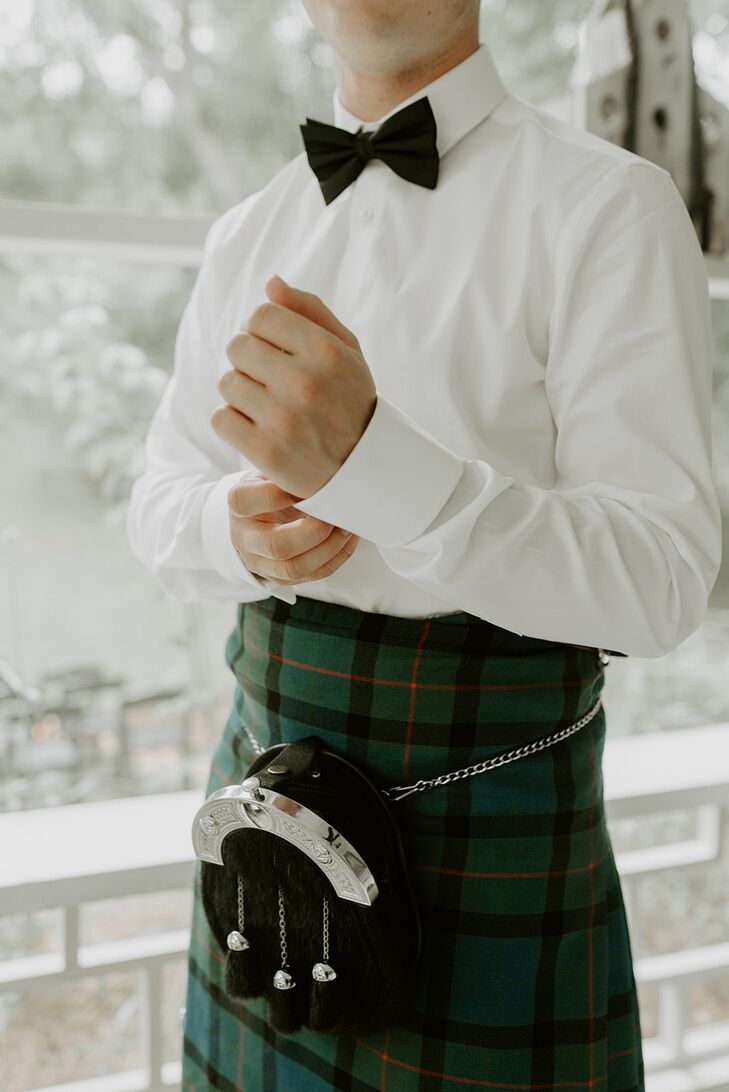 Groom Getting Ready and Putting on Kilt for Scottish Wedding