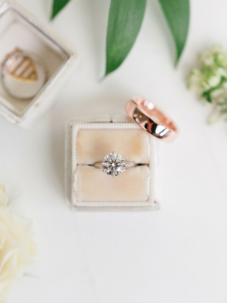 Round-cut solitaire diamond engagement ring on white gold band