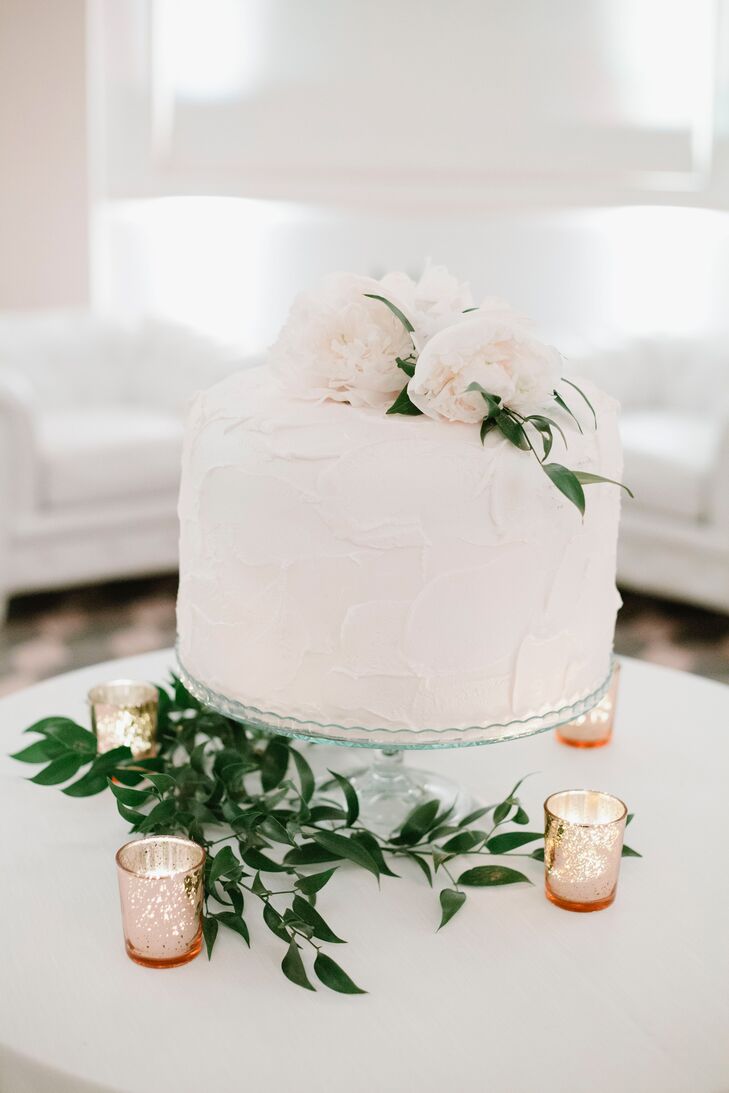 Single-Tier White Cake Decorated with Peonies and Greenery