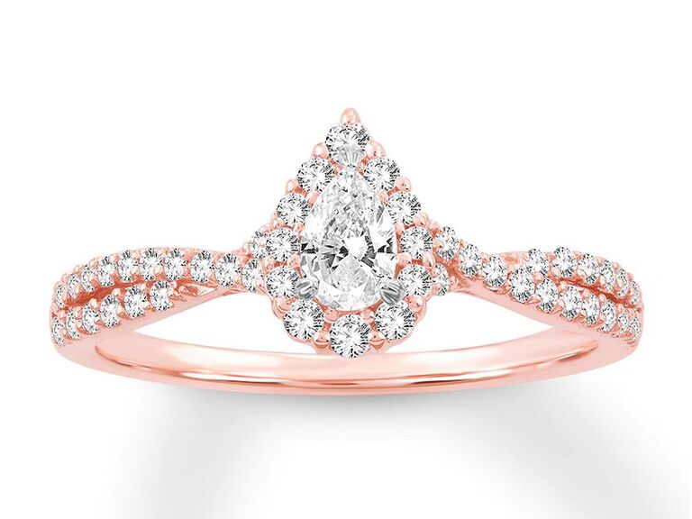 kay rose gold engagement ring with pear shaped diamond center stone round diamond halo and double round diamond rose gold twisted band