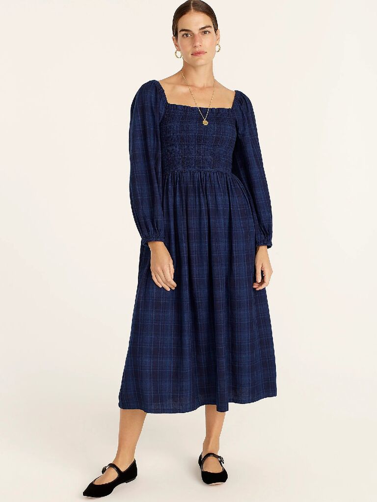 Blue plaid long sleeve winter wedding guest dress