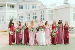 Bridal Party Dresses in Various Shades of Pink and Red