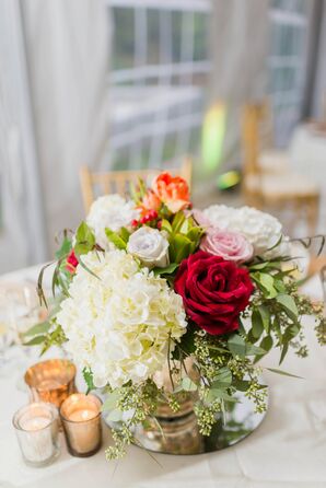 White Hydrangea and Red and Pink Rose Centerpieces