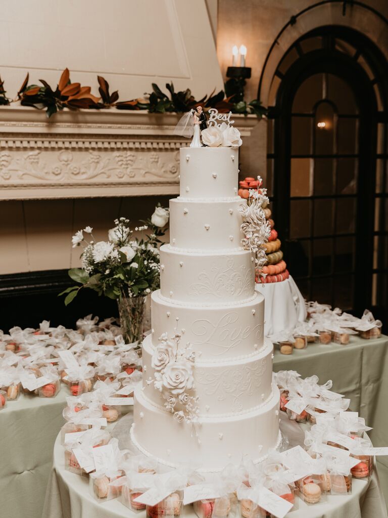 six tier wedding cake decorated with swiss dots, lace pattern, sugar flowers and vintage wedding cake topper