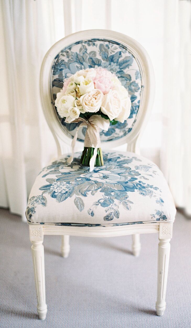 Kathryn carried a textured bouquet of garden roses, peonies, dahlias and veronica in soft shades of ivory and pink, tied with a blush silk ribbon. “I wanted peonies so baldy, but they weren’t in season,” Kathryn says. “Two days before the wedding, my wedding planner found some online and had them shipped overnight as a surprise so I could carry them with my bouquet. I was thrilled!”