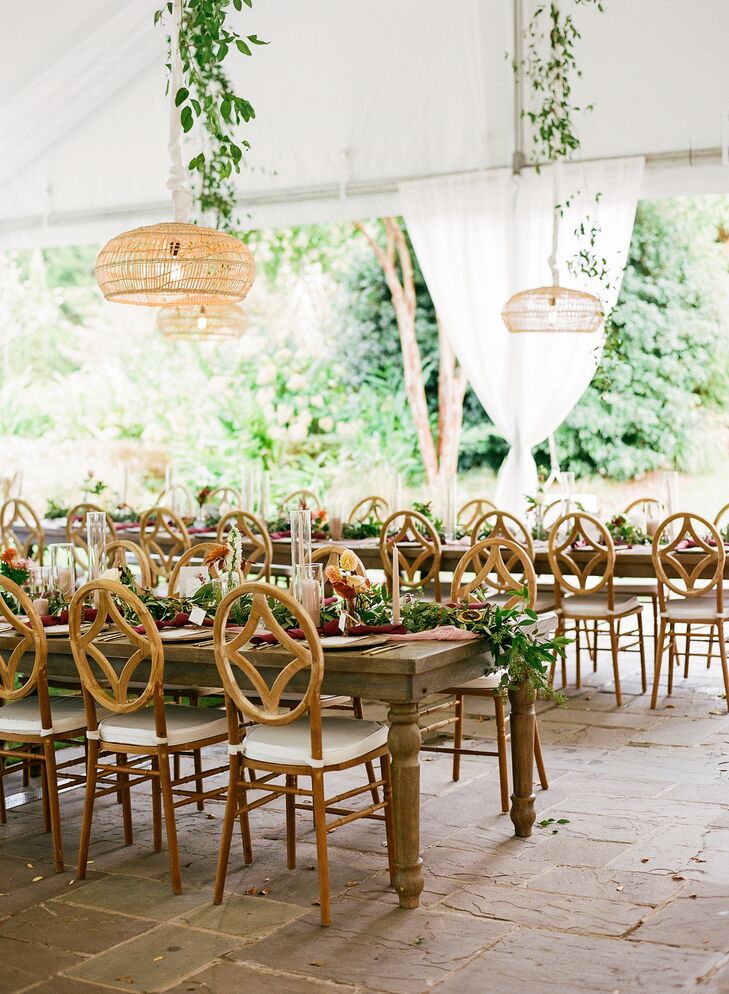 Fall, Tented Reception Space in Garden With Rattan Lights and Greenery Runners