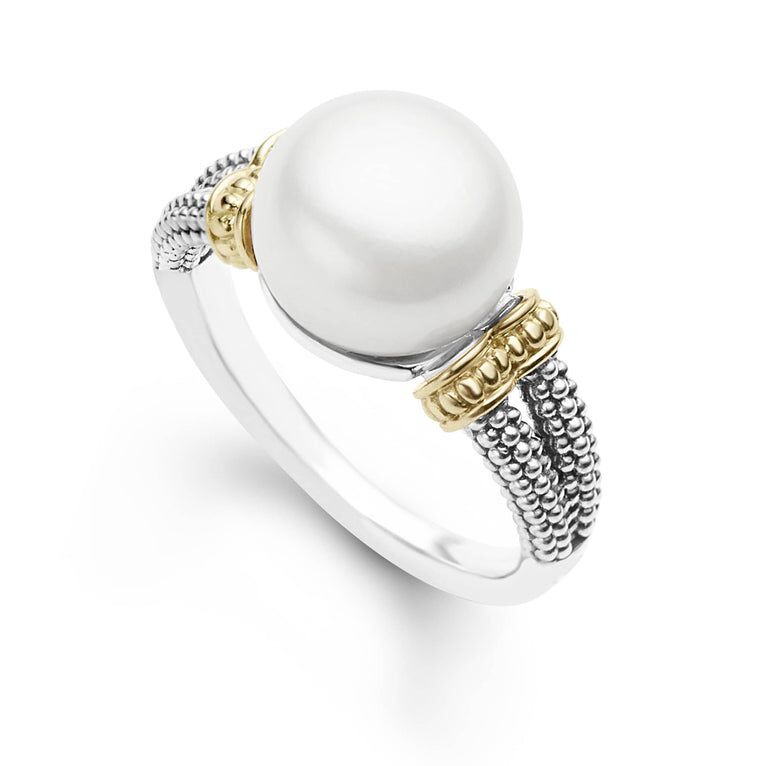 Silver and gold pearl engagement ring from Lagos