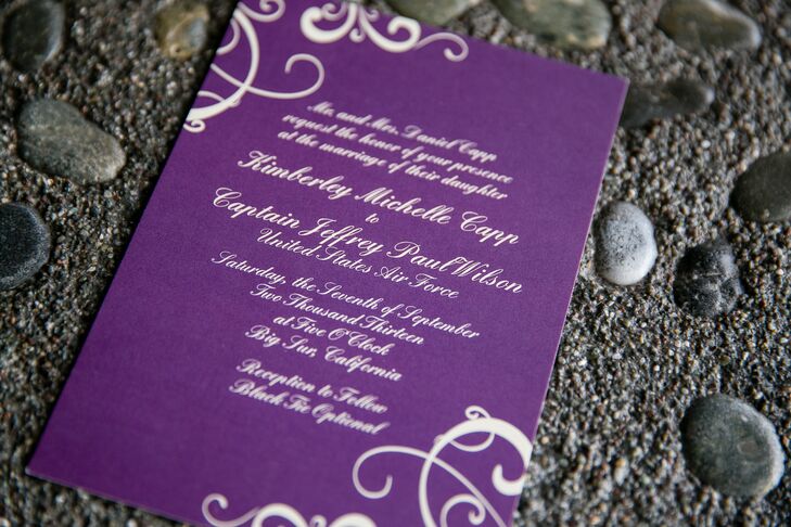 The bride and groom had their vibrant purple invites made online.
