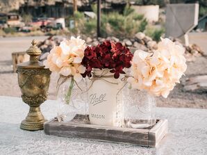 Hydrangea Mason Jar and Gold Antique Centerpieces
