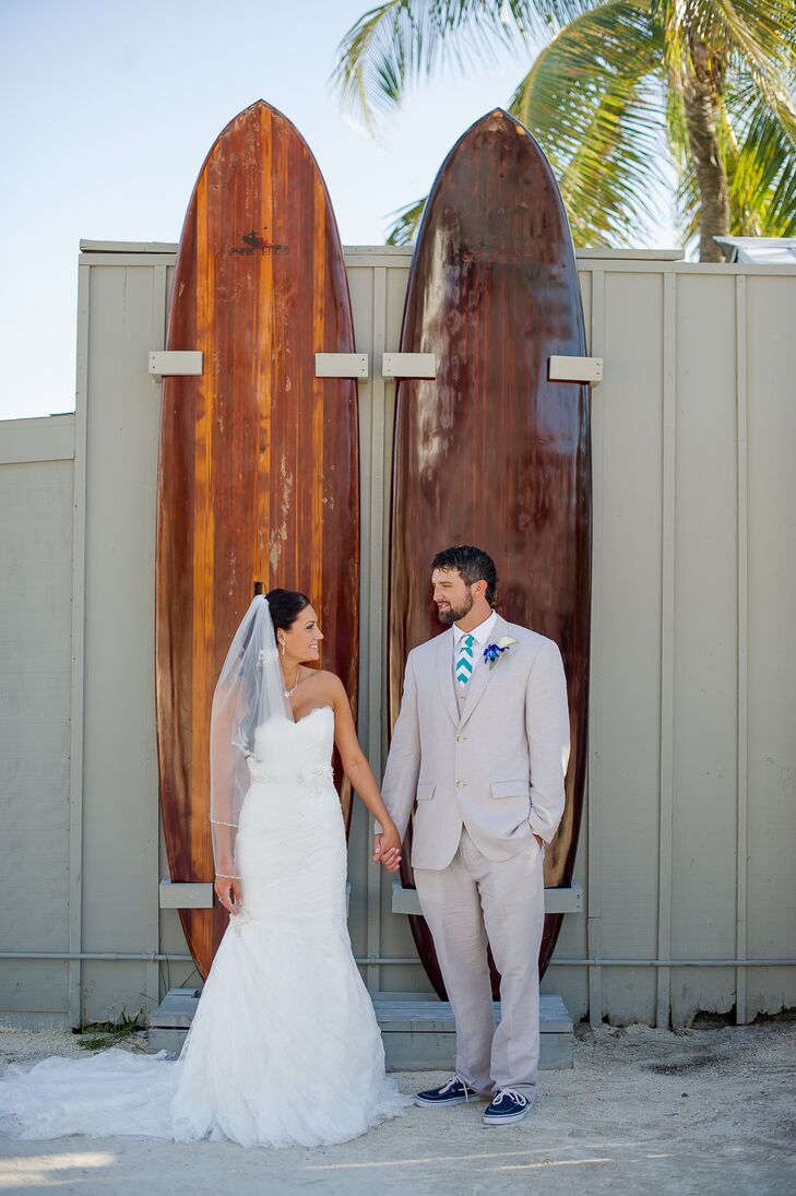 Tan Three-Piece Suit With Blue Chevron Tie