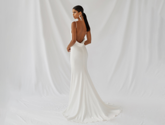 Low cowl back floor length gown with spaghetti straps
