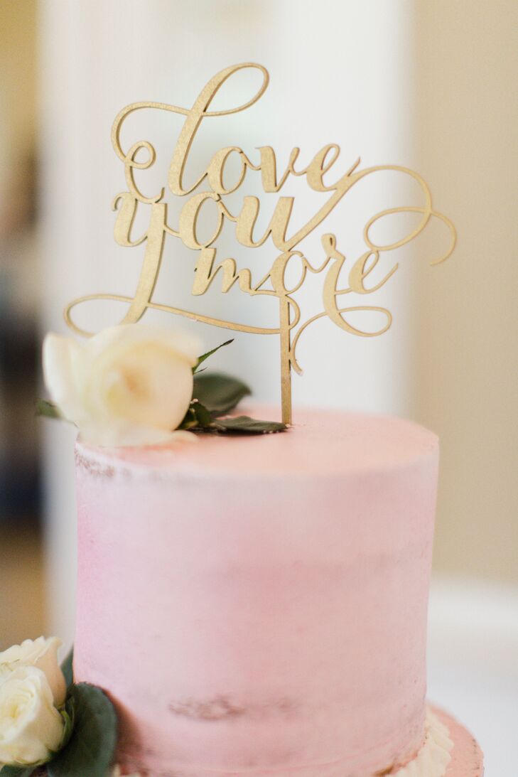 With three cakes, a gelato and sorbet bar, lemon bars and peach cobbler all at the reception, Priscilla and Daniel wanted to ensure that their wedding cake stood out. They had the chocolate sponge confection from Haydee Alegria covered in pink vanilla bean frosting and then accented with a sweet gold topper. Found at PS Wedding & Events, it read “Love you more.”