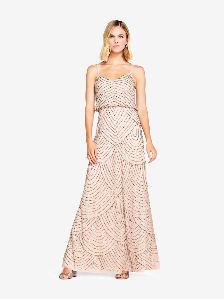Taupe pink sequin beaded spaghetti strap art deco gown