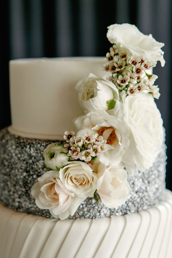 White Floral Cascade on Glam Wedding Cake