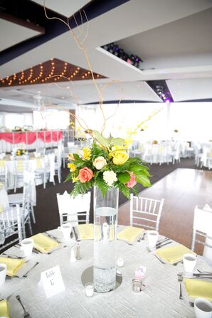Tall Coral, Yellow and White Rose Centerpiece