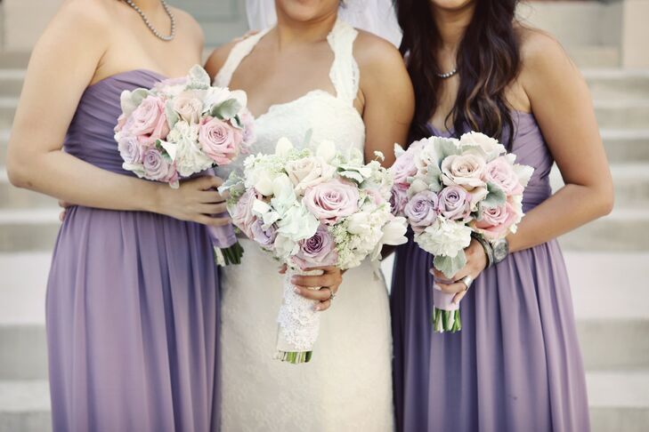 For a soft, vintage feel, all the girls carried pale purple, pink and off-white bouquets of hydrangeas, roses and dusty miller.