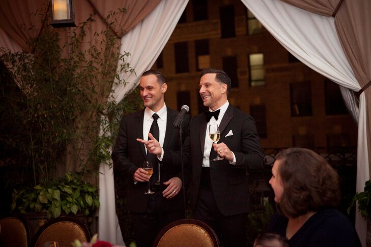 The reception took place on the NoMad Hotel’s rooftop terrace, where the newlyweds and their guests took in the views spectacular views of the New York City skyline while dining on delicious offerings like poularde and black truffle in romantic candlelight.