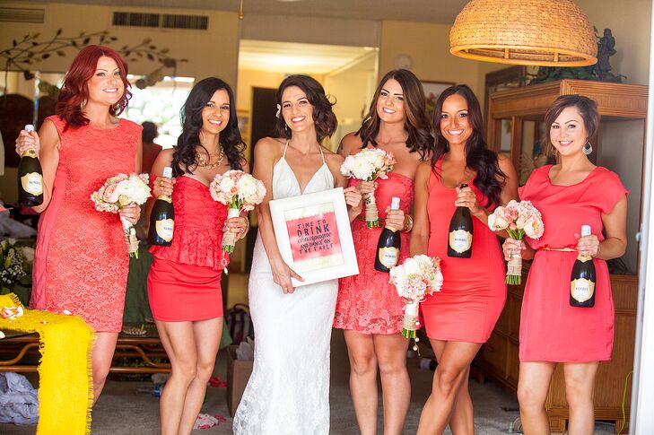 "We all went shopping together for the bridesmaid dresses, which we kept simple," Veronica says. "We set out for a coral-color summer dress, and each of them had their own unique style to it. It all came together perfectly!"