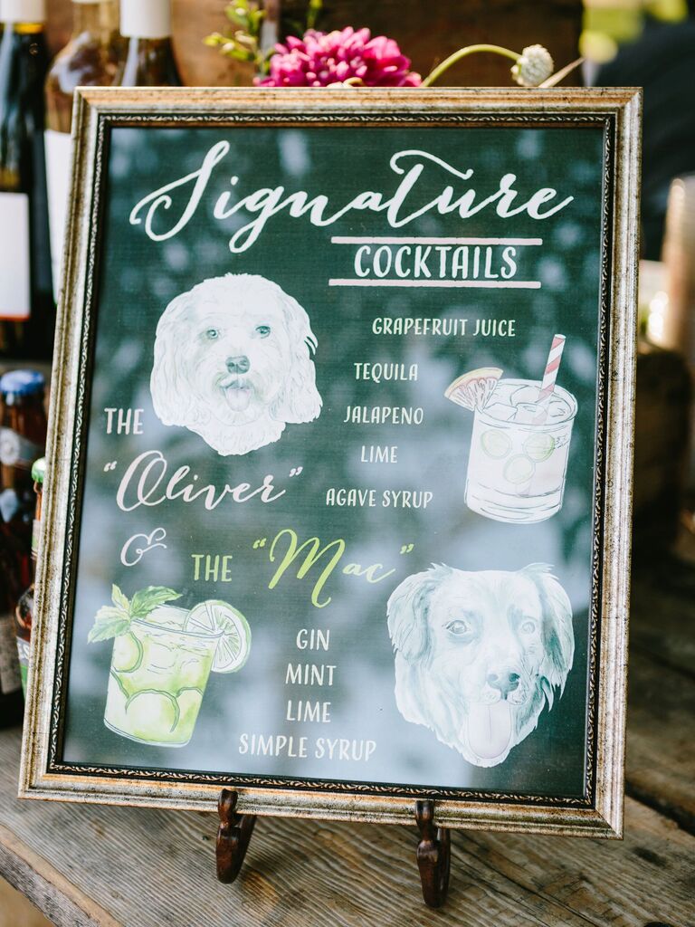 signature wedding cocktail sign with drinks named after couple's dogs
