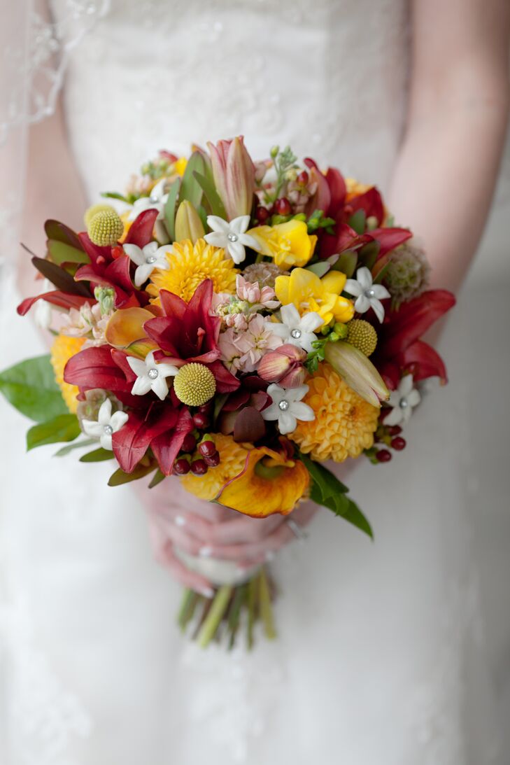 Yellow and Red Craspedia, Calla Lily and Dahlia Bridal Bouquet