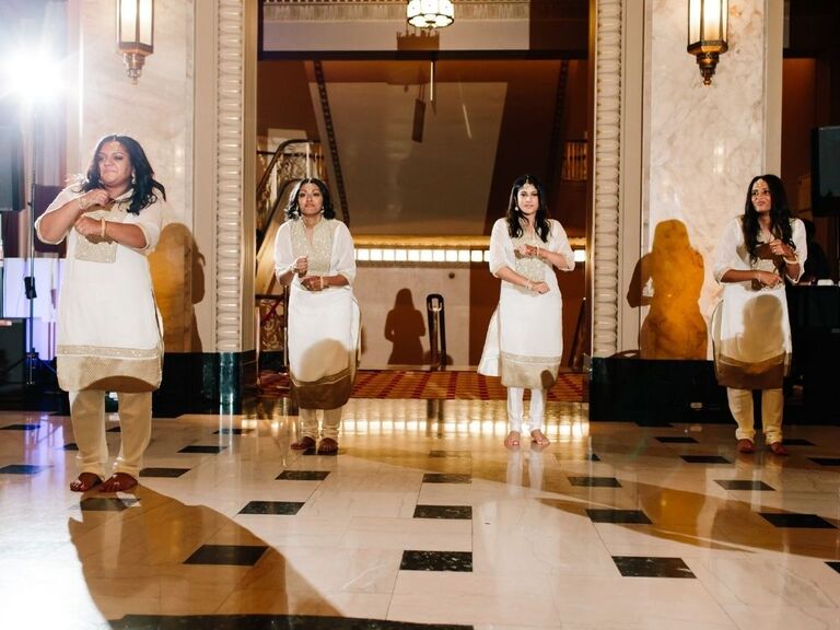 women dancing during sangeet at Hindu wedding 