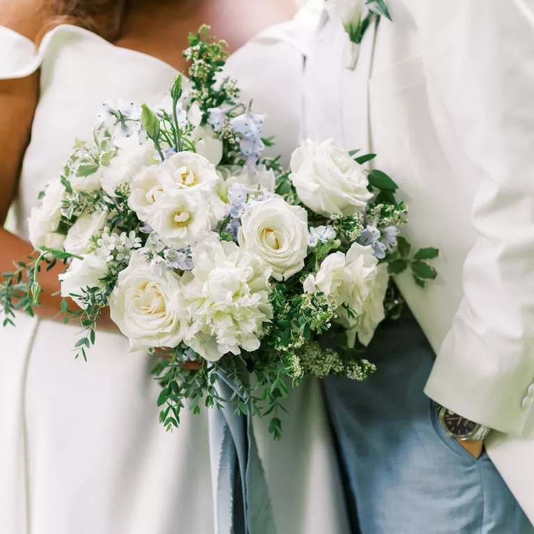 Rose wedding bouquet in blue and white
