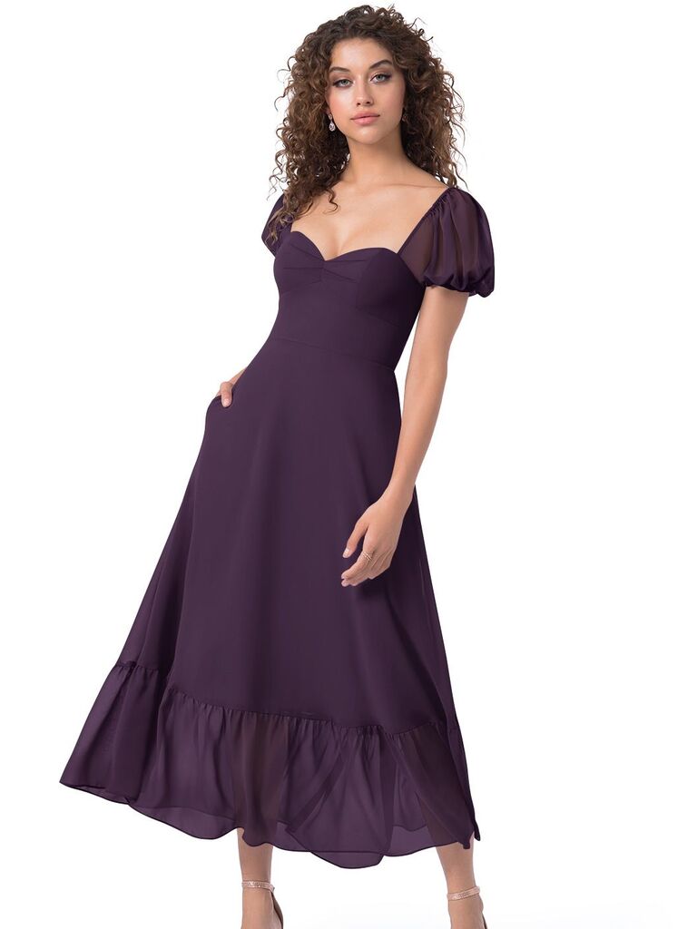 Azazie short puff-sleeve winter bridesmaid dress with tiered skirt