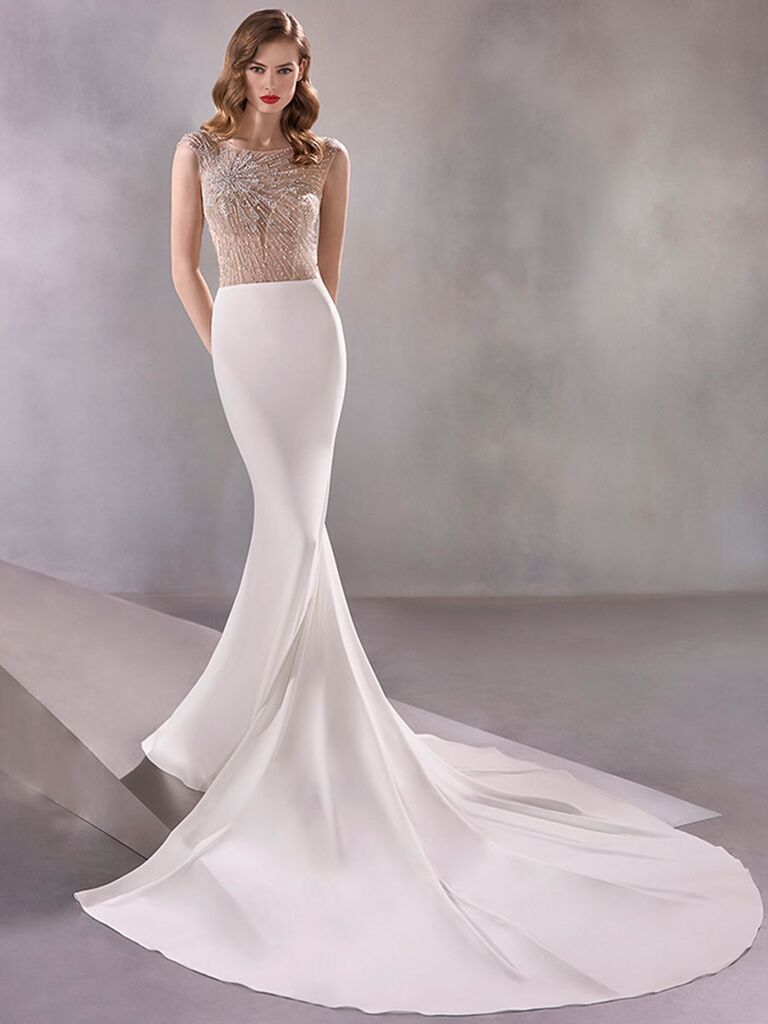 Atelier Provonias wedding dress trumpet gown with sheer beaded bodice