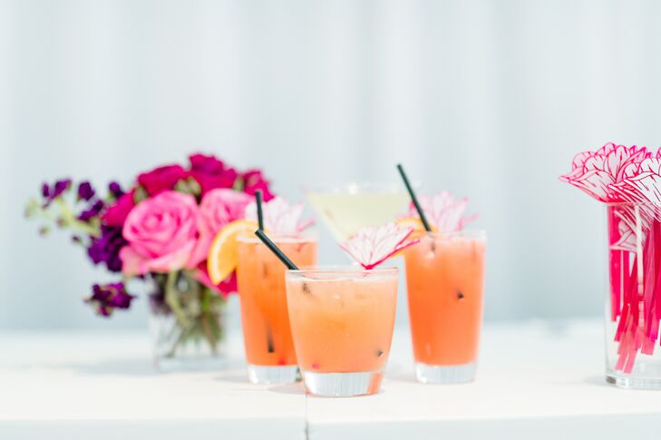 Colorful, Tropical Cocktails With Custom Floral Stirrers for a Bridal Shower