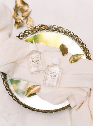 Hand Sanitizer Wedding Favors on Gold Tray