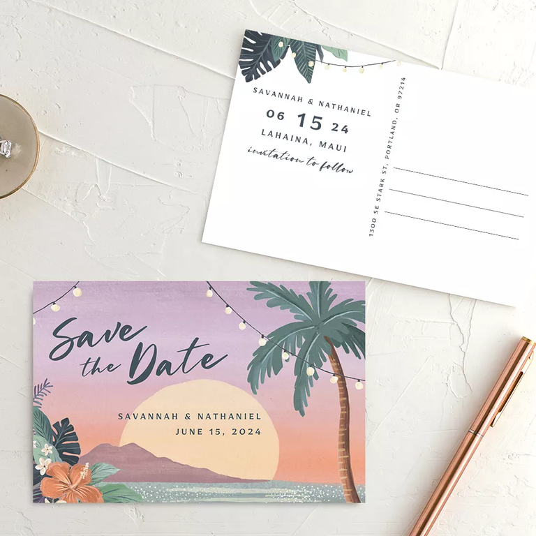 Vintage island-themed save-the-date cards