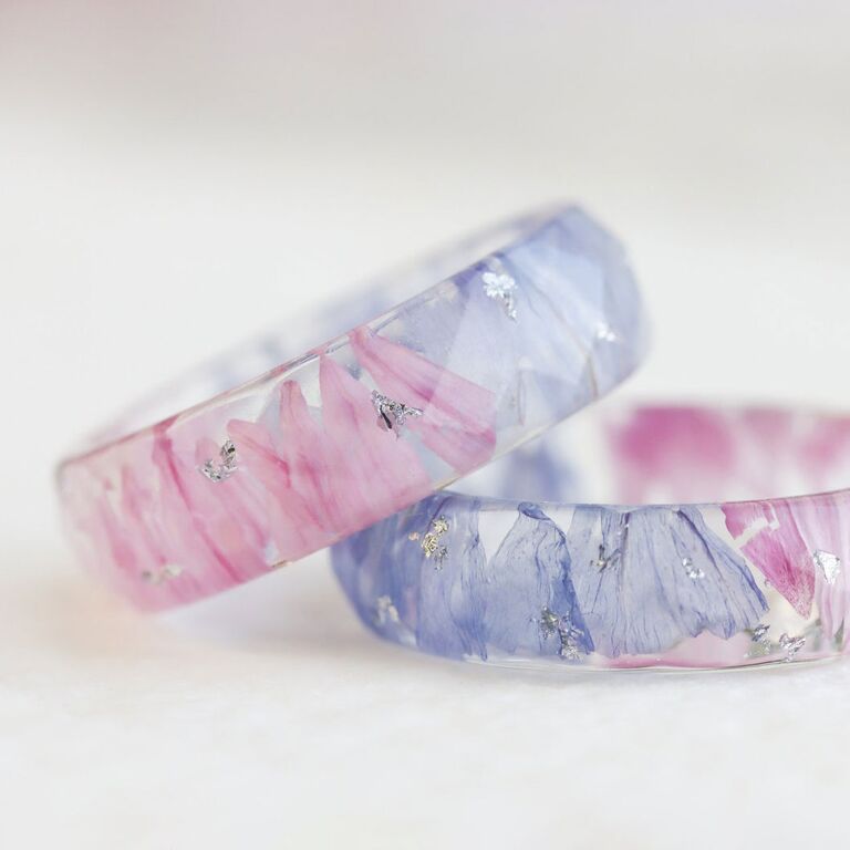 Pink and purple statice petal resin ring gift for 16-year wedding anniversary