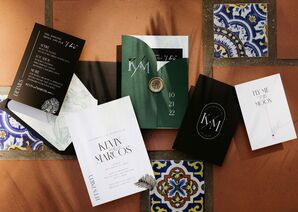 Timeless Black, White and Emerald Green Invitation Suit With Small Tropical Details