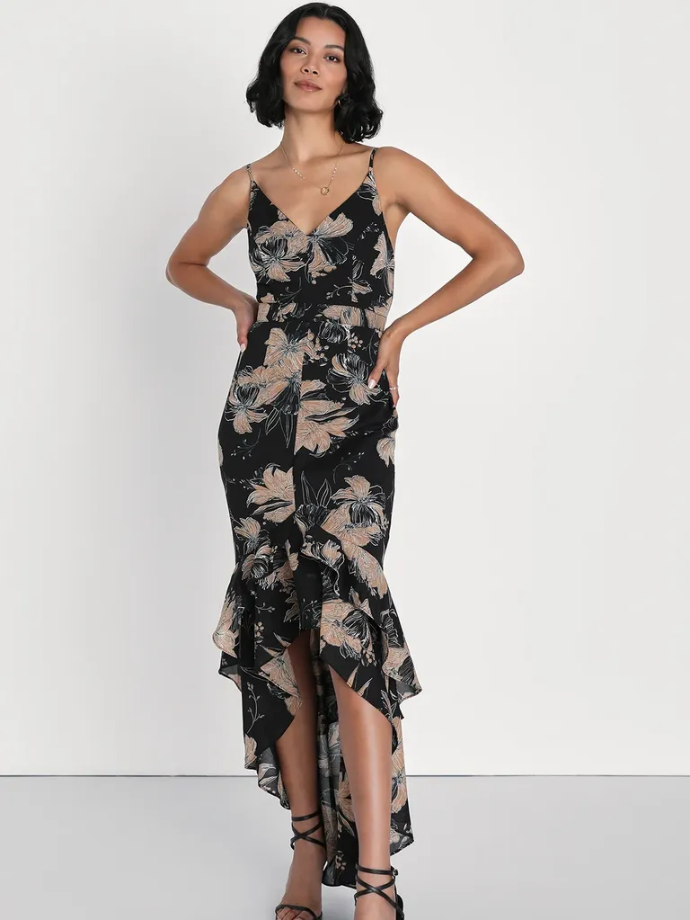  Daylily Black Floral Print High-Low Maxi Dress