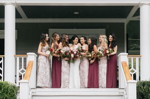 Floral-Print and Burgundy Bridesmaid Dresses with Complementary Fall Bouquets