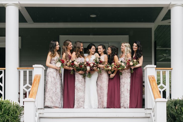 Floral-Print and Burgundy Bridesmaid Dresses with Complementary Fall Bouquets