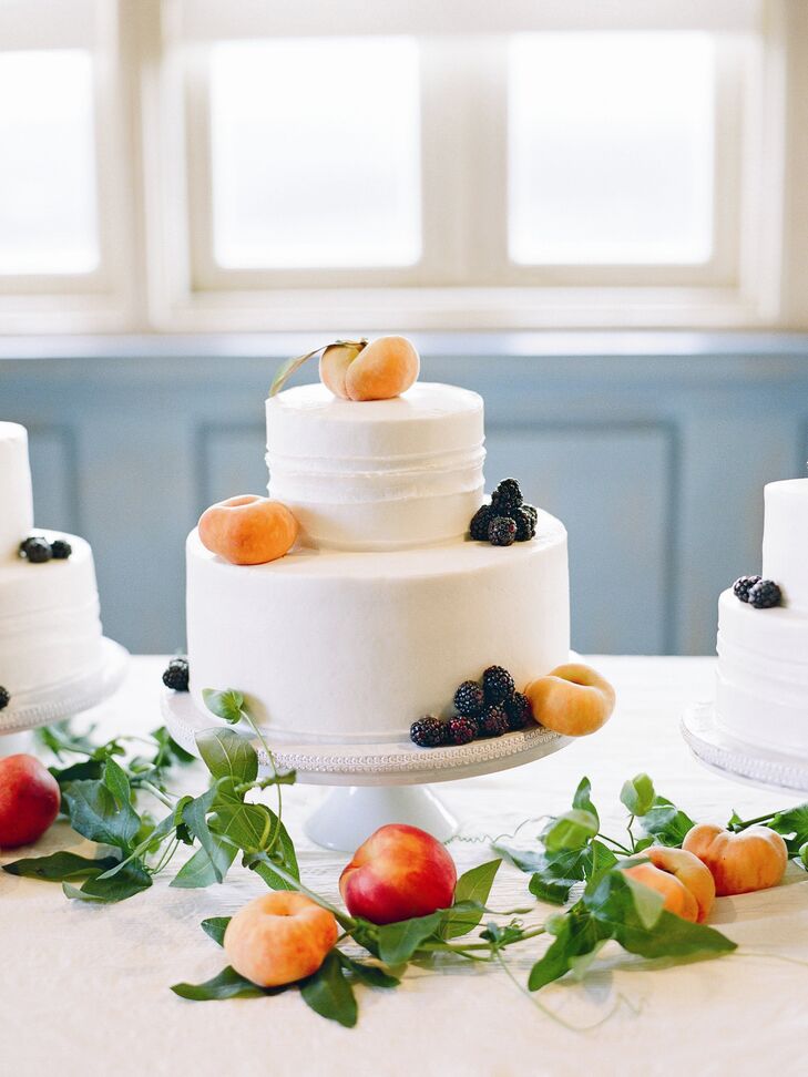 The couple served three cakes--one almond, one carrot and a caramel-flavored one for Brandon--adorned with passion flower vine, fresh peaches and blackberries.