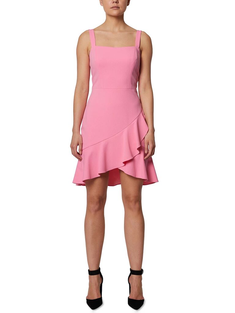 macy's pink pastel bodycon mini dress for wedding guests with thick spaghetti straps and ruffle trimmed skirt