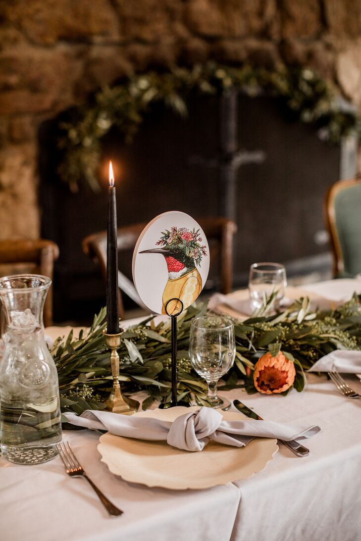 Dining Table with Candles, Greenery and Whimsical Bird Table Designation