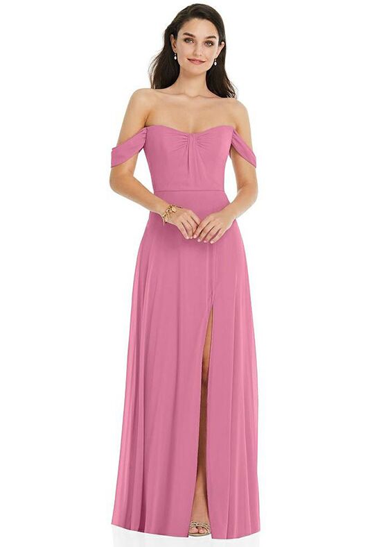 Dessy Group Off-the-Shoulder Draped Sleeve Maxi Dress with Front Slit - 3105 Sweetheart Bridesmaid Dress - 1