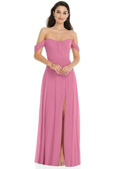 Dessy Group Off-the-Shoulder Draped Sleeve Maxi Dress with Front Slit - 3105 Sweetheart Bridesmaid Dress