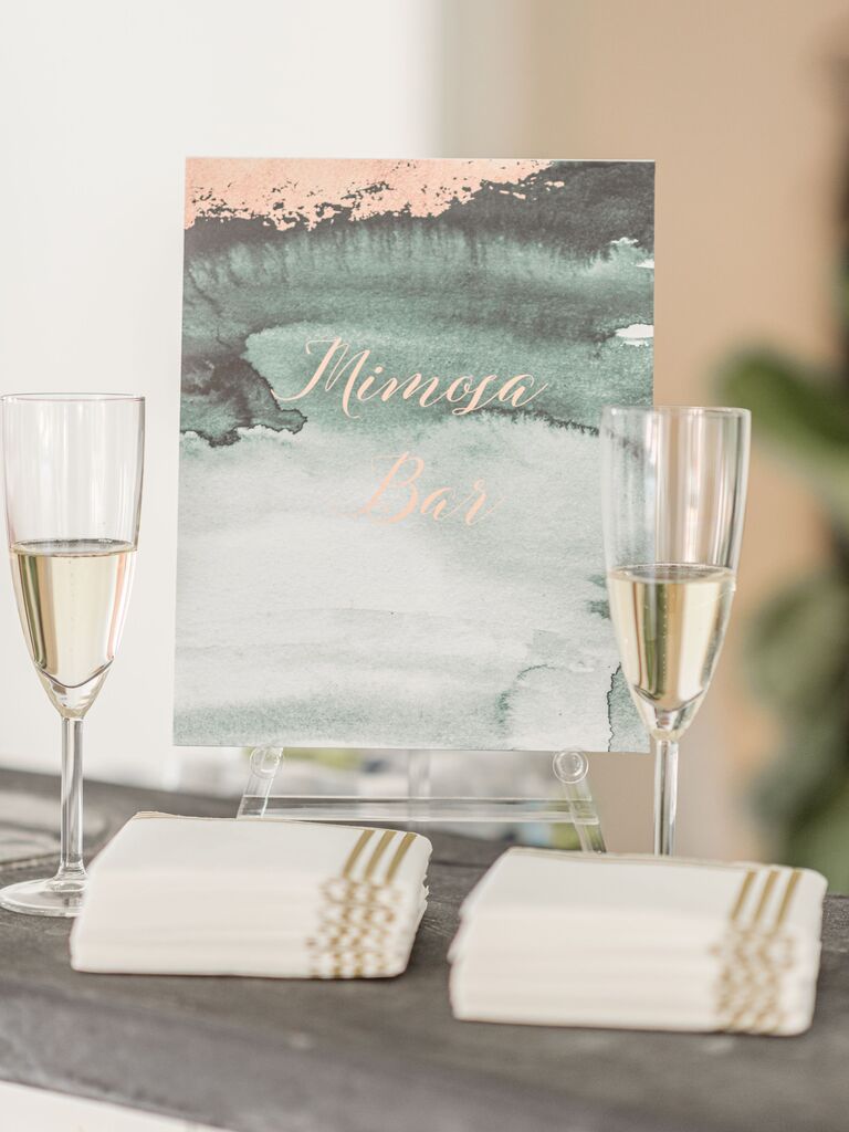 Blue watercolor bar menu sign, wedding shower ideas 2023. 