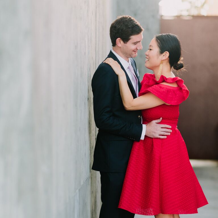 Red dress engagement photo ideas