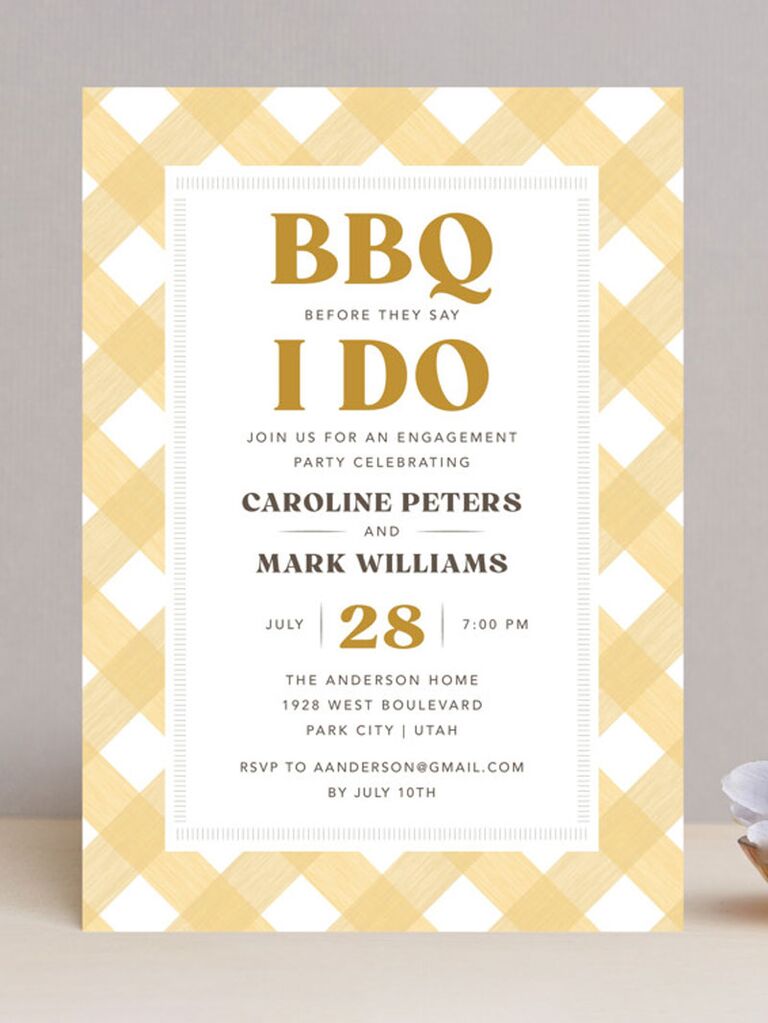 Yellow checkered card reads I Do BBQ engagement party invite