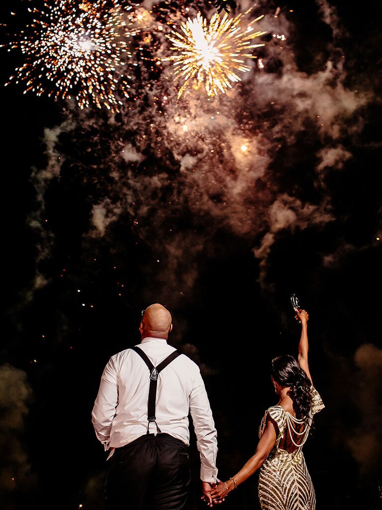Firework show for wedding reception exit